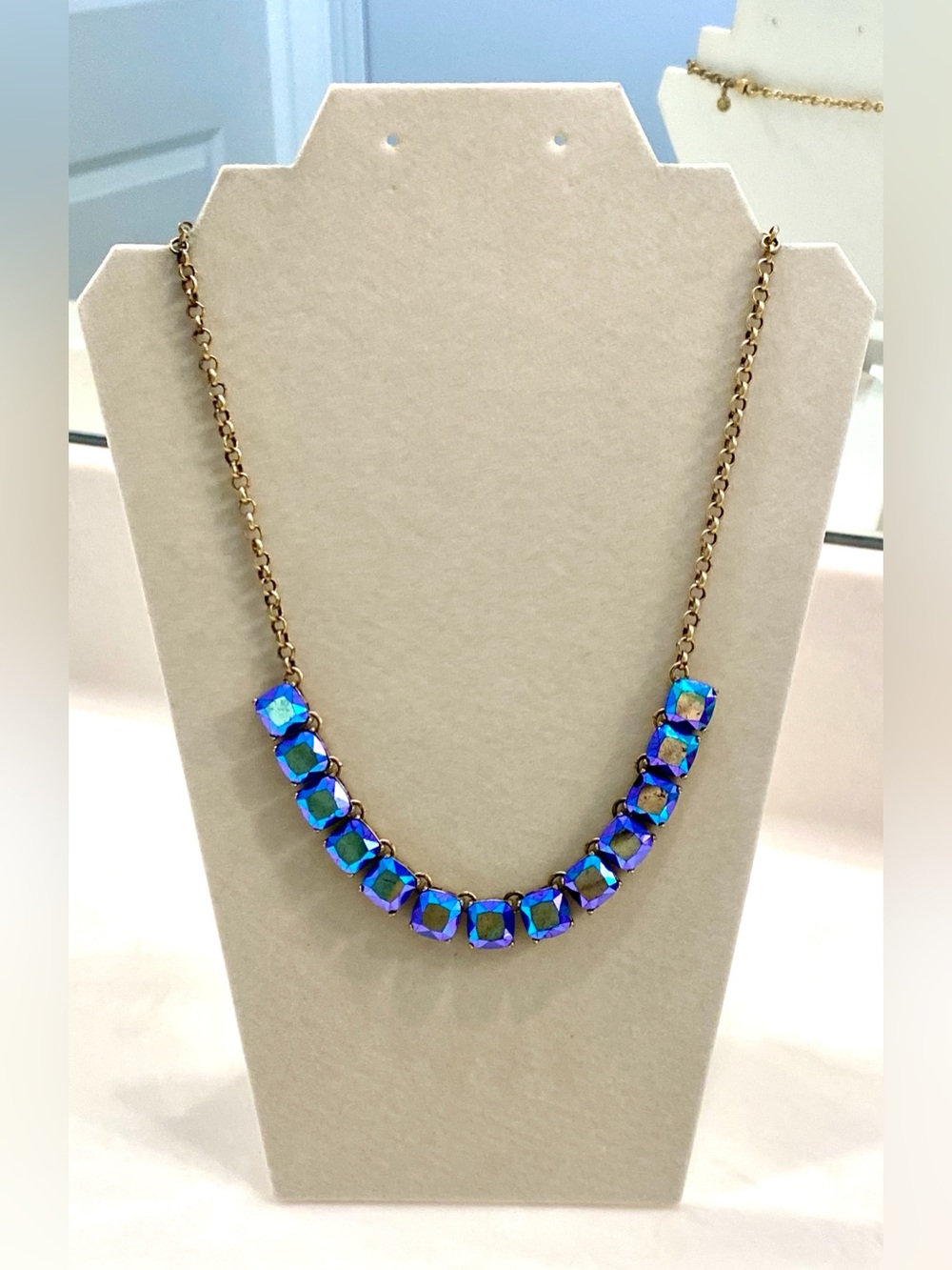 J. Crew Iridescent Blue-Purple Crystal Necklace with Gold Chain